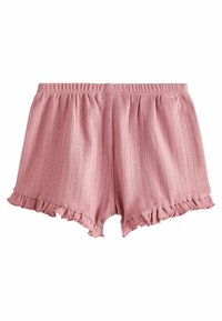 Shorts din bumbac roz, cu o textură ribbed, având un tiv volănat și un brâu elastic. Materialul are un model subtil de dungi verticale.