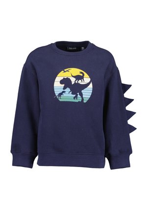 Marineblå børne-sweatshirt med en rund dinosaur-grafik og tre stofspidser på højre ærme, der ligner dinosaurplader.