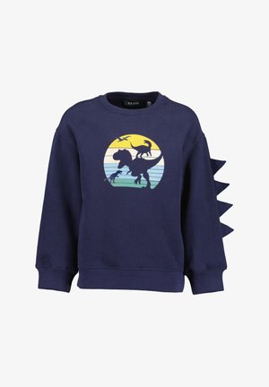 Sweat-shirt enfant bleu marine avec un motif rond de dinosaure et trois pointes en tissu sur la manche droite ressemblant à des plaques de dinosaure.