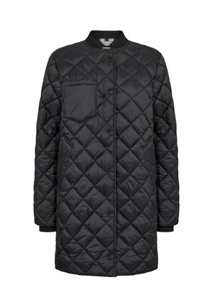 Czarny pikowany płaszcz zimowy z okrągłym kołnierzykiem, zapięciem na zatrzask oraz kieszenią na piersi z diamentowym wzorem na całej powierzchni.