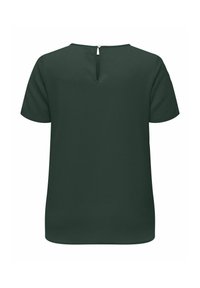 Blouse vert foncé à manches courtes avec encolure ronde et petite fermeture à bouton au centre du dos.