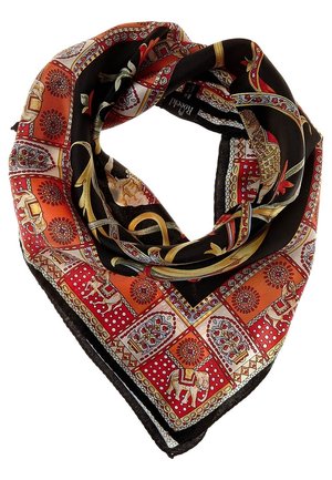 Seidenschal mit einem filigranen Muster in Rot, Schwarz und Gold, das Elefanten, florale Motive und geometrische Ränder zeigt, zu einer Schleife gefaltet.