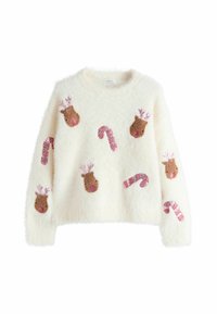 White fluffy sweater with embroidered reindeer heads and red-and-white candy canes scattered across front and sleeves.