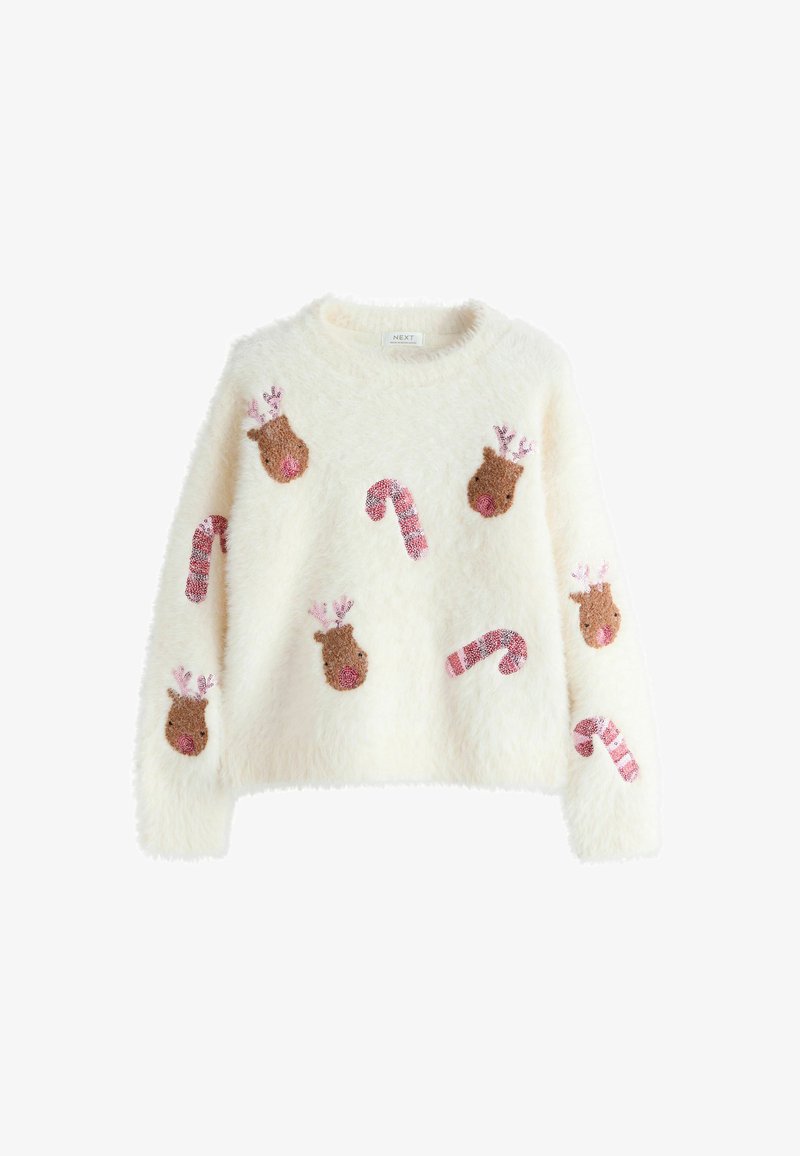 White fluffy sweater with embroidered reindeer heads and red-and-white candy canes scattered across front and sleeves.