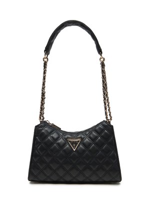 Borsa a tracolla nera trapuntata con finitura in pelle testurizzata, una tracolla a catena e un accento triangolare del logo in tono dorato sulla parte anteriore. Chiusura con zip nella parte superiore.