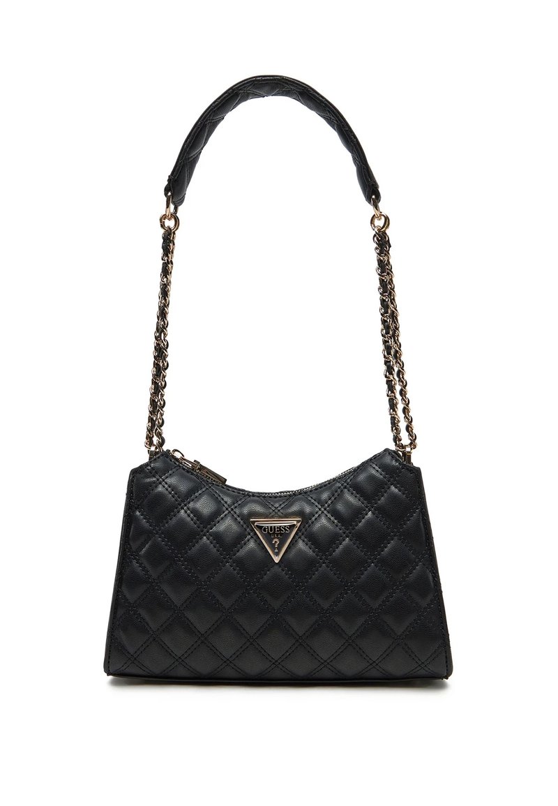 Borsa a tracolla nera trapuntata con finitura in pelle testurizzata, una tracolla a catena e un accento triangolare del logo in tono dorato sulla parte anteriore. Chiusura con zip nella parte superiore.
