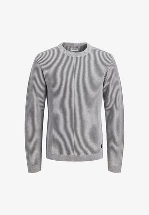 Gray ribbed sweater made of knit fabric. Features a crew neck, long sleeves, and a slightly fitted shape. Notable ribbing texture throughout.