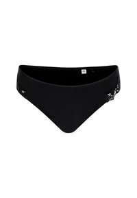 Culottes de bikini noires en tissu lisse, ornées de détails en dentelle florale sur les côtés. Conçues avec une taille basse et un ajustement confortable.
