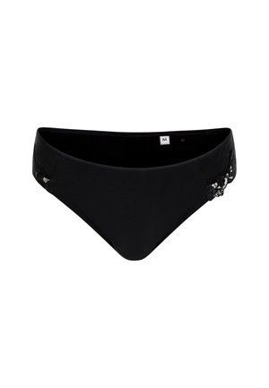 Schwarze Bikini-Höschen aus glattem Stoff, mit floralen Spitzenakzenten an den Seiten. Entworfen mit einem tief sitzenden Schnitt und einem angenehmen Sitz.