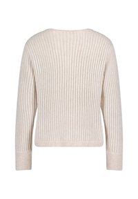 Beige gerippter Pullover mit weitem Ausschnitt, langen Ärmeln und cropped Saum. Strukturierter Stoff mit vertikalen Streifen, der einen leichten, luftigen Look bietet.