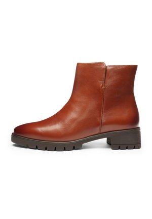 Brown leather ankle boot with low block heel and ridged dark sole, smooth finish, and side zipper closure.