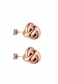 Roze gouden knoopstuds met een gepolijste afwerking, met een gedraaide vorm. De stekers zijn bevestigd met een vlinder sluiting.