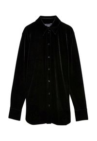 Czarna aksamitna koszula z kołnierzykiem, długimi rękawami i zapięciem na czarne guziki z przodu. Gładka faktura i luźny krój.