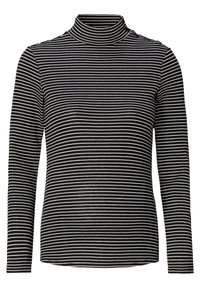 Svart och vit randig polokrage med långa ärmar, med en mjuk textur och en figurnära design, framhävd av en knapplist vid axeln.