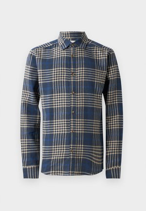 Mėlynos ir smėlio spalvos languota ilgomis rankovėmis marškiniai, pagaminti iš švelnios medžiagos, su mygtukų uždarymu priekyje, klasikinio tipo apykakle ir dvigubomis mygtukų rankovėmis.