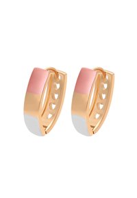 Hoops med en guldtonet finish og detaljer i pink og hvidt mat emalje. Rund form med udskårne accenter.