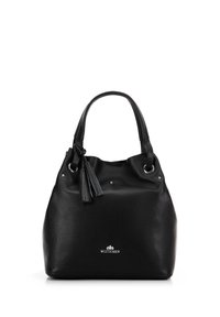 Schwarze Leder-Eimer-Tasche mit strukturierten Oberflächen, silberfarbenen Beschlägen, zwei Griffen und einem dekorativen Quasten-Detail. Logo auf der Vorderseite angebracht.