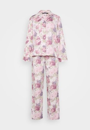 Két részes virágmintás pizsama szett, hosszú ujjú, gombos felsővel és hozzá illő egyenes szárú nadrággal pasztell rózsaszín, lila és zöld árnyalatokban.