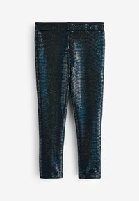 Zwarte leggings met een glanzend, textuur oppervlak met een rasterpatroon van reflecterende stippen, gecombineerd met een effen tailleband.