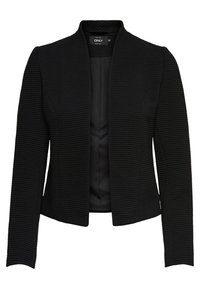 Blazer noir à raies avec fermeture ouverte, manches longues et coupe légèrement cropped, doté d'un petit col montant.