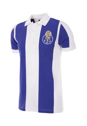Blauw-wit verticaal gestreept poloshirt met een witte kraag en het FC Porto voetbalclub embleem op de linkerborst.