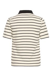 Polo blanc à manches courtes avec des rayures horizontales noires et un col noir uni, vu de dos.