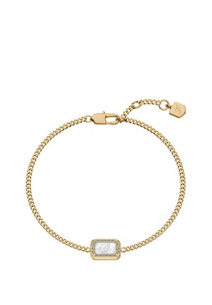 Goldenes Gliederarmband mit einem rechteckigen weißen Edelstein, umgeben von kleinen klaren Kristallen, und Karabinerverschluss mit verstellbarer Kette.
