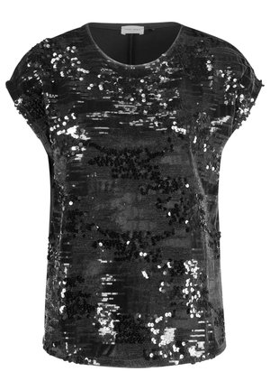 Czarna bluzka z krótkim rękawem i okrągłym dekoltem, ozdobiona błyszczącymi czarnymi i srebrnymi cekinami w nieregularnym wzorze.