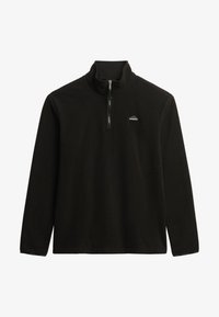 Jersey polar negro con cuello alto y cremallera de un cuarto. Presenta un pequeño logo bordado en el pecho y mangas largas. Textura suave.