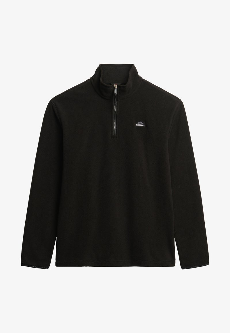 Zwarte fleece sweatshirt met een hoge kraag en een halve rits aan de voorkant. Bevat een klein geborduurd logo op de borst en lange mouwen.