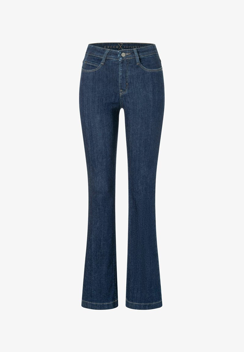 Jeans de mezclilla de talle alto en azul oscuro con ligero acampanado en la parte inferior, cierre frontal con botón y diseño de cinco bolsillos.