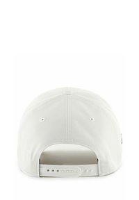 White baseball cap viewed from the back with adjustable snap closure and ventilation eyelets on a white background.