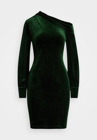 Πράσινο βελούδινο φόρεμα με σχέδιο ενός ώμου, μακριά μανίκια και εφαρμοστή σιλουέτα. Λείος υφασμάτινος ιστός και λεπτομέρεια με μαζεμένα μανίκια.