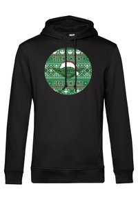 Sudadera negra con un gráfico circular de diseño verde, "NOCHE SILENCIOSA" y "CABALLERO JEDI", y un personaje con un gorro de Navidad.