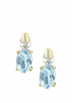 Ovalo formos auskarai su šviesiai mėlynais fasetuotais brangakmeniais, įrėminti auksu ir sidabru, pasižymi paprastu, elegantišku dizainu.