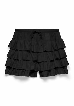 Short noir à volants superposés avec taille élastique et cordon à l'avant, présenté sur fond blanc.