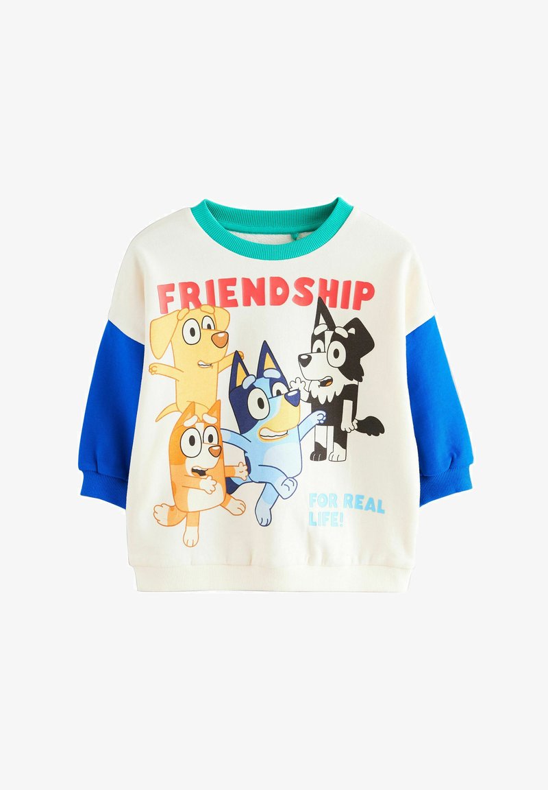Laste dressipluus siniste varrukate, rohelise krae ja multifilmikoertega, millel esiküljel on tekst "FRIENDSHIP FOR REAL LIFE!".