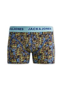 Boxers pour hommes Jack & Jones en tissu noir, ornés d'un motif de crânes colorés. Ceinture légère bleu clair avec le texte "JACK & JONES" en bleu marine.