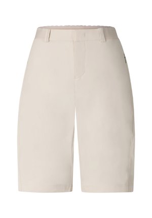 Shorts beiges cintrés à la longueur du genou, munis de passants pour ceinture et d'une poche zippée sur le côté droit.