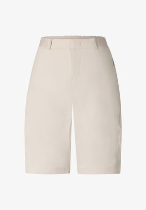 Shorts beiges cintrés à la longueur du genou, munis de passants pour ceinture et d'une poche zippée sur le côté droit.