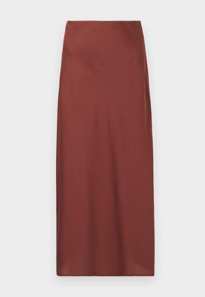 Burgundy, knee-length skirt made of smooth fabric with a straight cut and subtle sheen. Features a high waist and no visible fastenings.