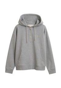 Grijze hoodie met ritssluiting, gemaakt van zachte stof, voorzien van een voorzak, een verstelbare capuchon met trekkoord en een gouden ankerlogo op de borst.