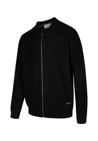 Schwarze Bomberjacke mit Reißverschluss aus weichem Material, mit Stehkragen, gerippten Bündchen und Saum sowie einem kleinen Logo-Tag an der unteren Seite.