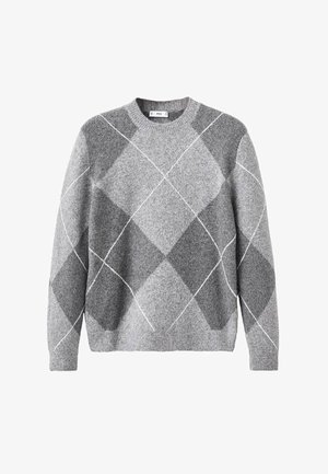 Suéter gris de patrón argyle hecho de un tejido suave; cuenta con cuello redondo, mangas largas y contornos de diamantes blancos en contraste.