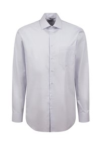 Chemise bleu clair à manches longues en tissu texturé, dotée d'un col évasé, de boutons sur le devant et d'une poche poitrine sur le côté gauche.