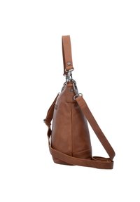 Braune Leder-Umhängetasche mit verstellbarem Riemen, ausgestattet mit einer weichen, strukturierten Oberfläche, silberner Hardware und einer schlanken, dreieckigen Form.