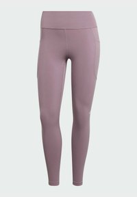 Leggings sportivi viola con una vita alta, tessuto morbido, dettaglio della tasca laterale e forma aderente. Adatti per l'abbigliamento attivo.