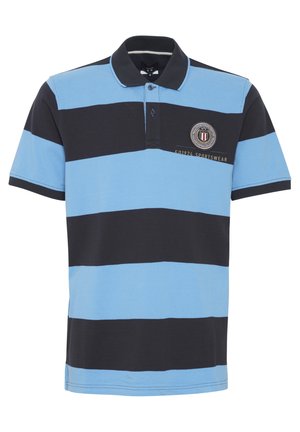 Polo shirt in blauwe en zwarte horizontale strepen. Gemaakt van katoen met een kraag, een drieknopssluiting en geborduurde logo-detail.