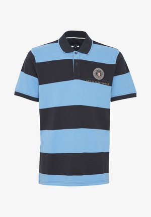 Kék és fekete vízszintes csíkos póló. Pamutból készült, galléros nyakkal, három gombos záródással és hímezett logó részlettel.