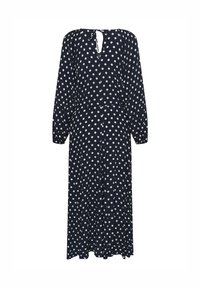 Robe bleu marine à pois avec manches longues, détail en forme de goutte dans le dos, et taille cintrée s'évasant en une jupe pleine. Texture de tissu lisse.